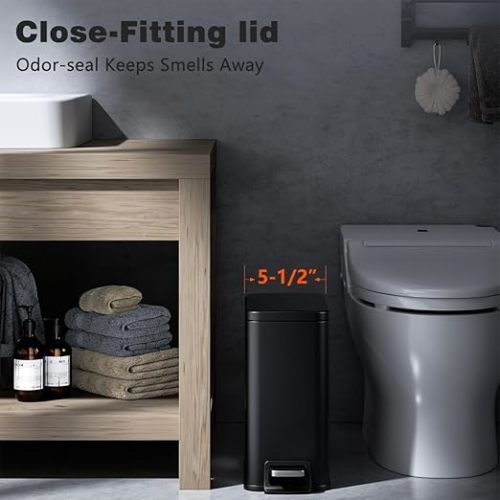 Slim Bathroom Trash Can with Soft Close Lid, 1.6 Gallon Stainless Steel Garbage Can with Removable Inner Bucket, Durable Step Pedal, Small Trash Bins for Toilet, Bedroom, Kitchen, Office