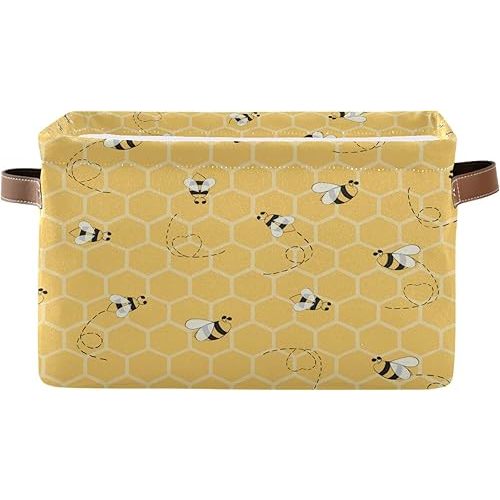AUUXVA Bee Storage Basket Yellow Honeycomb Beehive Geometric Pattern Storage Cube Box Canvas Collapsible Toy Basket Organizer Bin with Handles for Shelf Closet Bedroom Home Office