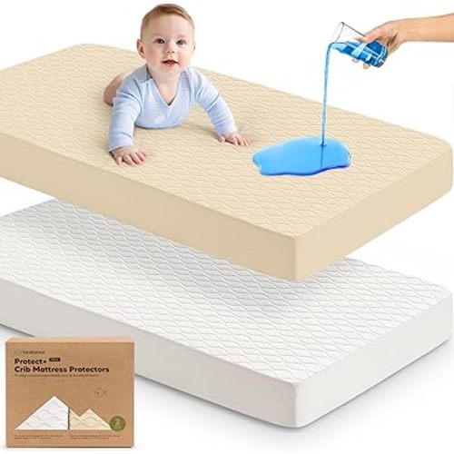 2-Pack Waterproof Crib Mattress Protector Cover Fitted - Quiet Baby Crib Mattress Pad Sheets, 52" x 28" Soft Quilted Cotton Baby Sheet, Machine Washable, Easy Fit, Durable (Khaki/Mavy)