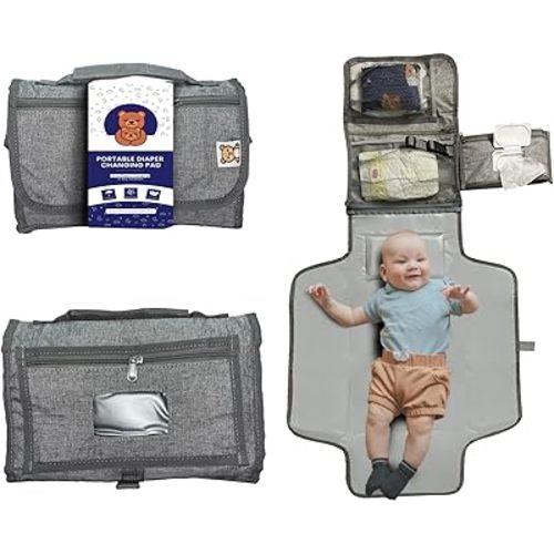 Portable Diaper Changing Pad for Baby, Travel Changing Pad with Baby Wipes Pocket, Gift for babyshower, Newborn Boys & Girls (Grey)
