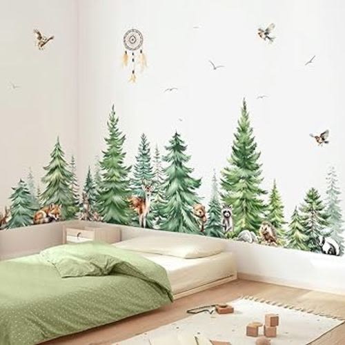 decalmile Large Watercolor Pine Tree Animals Wall Stickers Woodland Forest Tree Fox Deer Bear Wall Decals Baby Nursery Bedroom Living Room Wall Decor