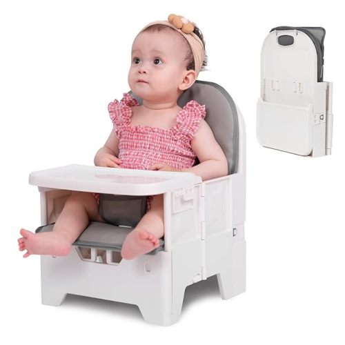 BABELIO Portable Booster Seat for Kitchen Chair with PU Waterproof Cushion, Compact Folding High Baby Chair for Travel with Feeding Tray, Great for Baby, Dining Table, Camping, Beach, White Grey - With Cushion