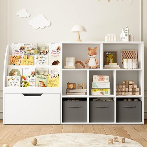 Kids Bookshelf and Toy Storage, 58.5’’ Toy Storage Organizer with Movable Chests & 3 Storage Bins, Large Kids Reading Nook Toy Organizers and Storage with 5 Cubbies for Playroom, Bedroom, White