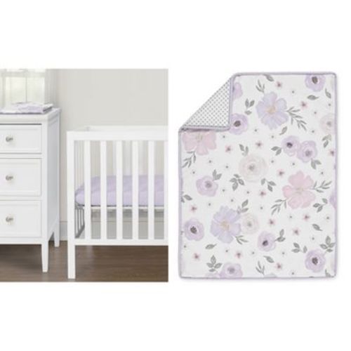 Sweet Jojo Designs Girl Baby Mini Crib Bedding Set - Watercolor Floral Purple Pink and Grey 3pc