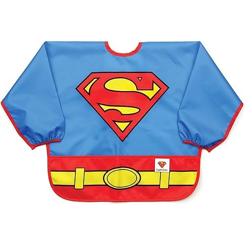 Bumkins Sleeved Bib for Girl or Boy, Baby and Toddler for 6-24 Mos, Essential Must Have for Eating, Feeding, Baby Led Weaning Supplies, Long Sleeve Mess Saving Food Catcher, Superman DC Comics