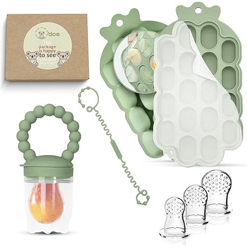 O’doe Baby Popsicle Molds | 1 Feeders, 3 Nipples, 1 Clip, 1 Trays (18-Holes Silicone Baby Food Freezer Tray) | BPA-Free Teething Relief Fruit Feeder Pacifier and Food Feeder for Infants
