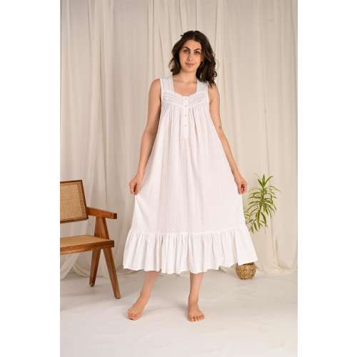 Women 100% pure cotton Victorian style nightgown, sleeveless feminine white nightdress, sleepwear long nightie