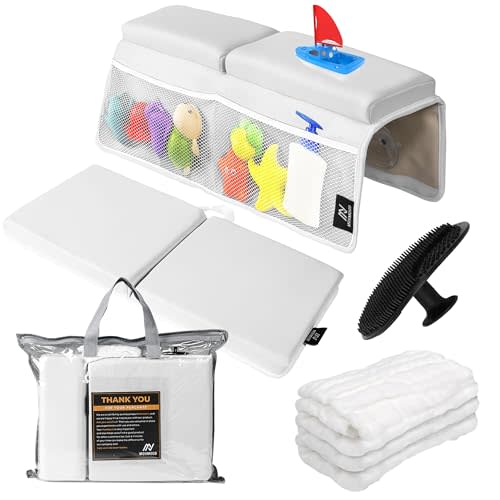 Mohmoud Baby Bath Kneeler & Elbow Rest Set – Extra Thick Padding for Knees & Arms | Machine Washable | Includes Bonus Washcloth & Brush | Suction Cups & Storage Pockets | Non-Slip Design
