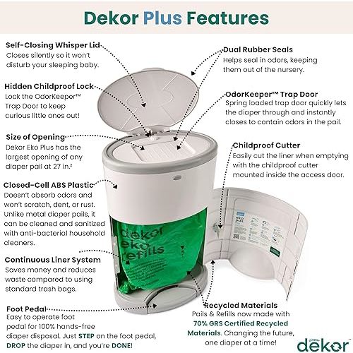 White Diaper Dekor Plus Hands-Free Diaper Pail | Largest & Easiest to Use | Just Step–Drop–Done | Doesn’t Absorb Odors | Quick Bag Change | Great for Cloth Diapers | 70% Recycled Materials | EKO Gray