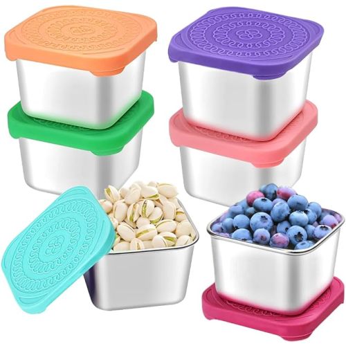 HTEVW 6Pack 6oz Stainless Steel Snack Containers for Kids, Easy Open Leak Proof Metal Toddler Snack Containers with Silicone Lids, Stackable Metal Toddler Lunch Box for Daycare, School and Travel