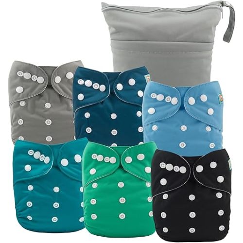 ALVABABY 6pcs Cloth Diaper Covers &1 Wet Dry Bag, Washable Reusable Cloth Diaper Shell for Prefold with Multi-Functional Bag, Flat or Fitted Diaper Inserts 6NKZ02