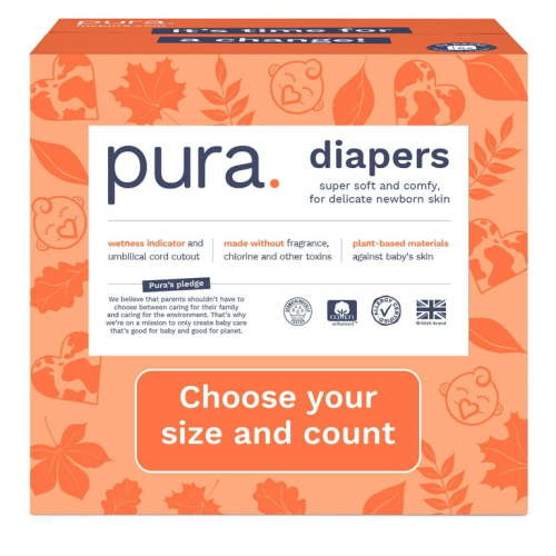 Pura Sensitive Soft Sustainable Baby Diapers Size 1, 96 Count (Choose Your Size and Count)