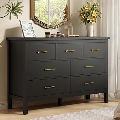 Black Dresser for Bedroom, 7 Drawer Wood Double Dresser with Golden Handles, Wide Chest of Organizer Storage Drawers for Living Room, Hallway, Entryway