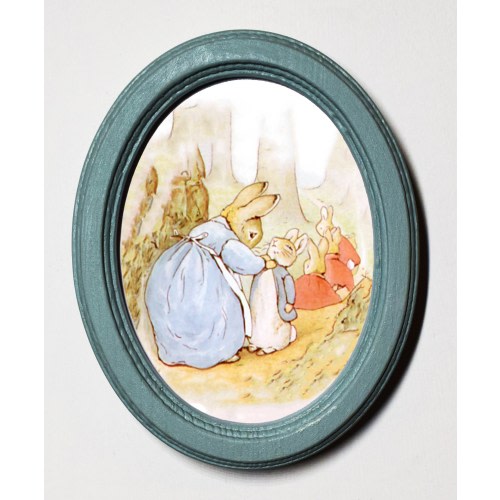 Beatrix Potter Oval Wooden Framed Art Print, Nursery Picture Wall Hanging, Home Decor Plaque, Mrs Rabbit And Little Ones Illustration