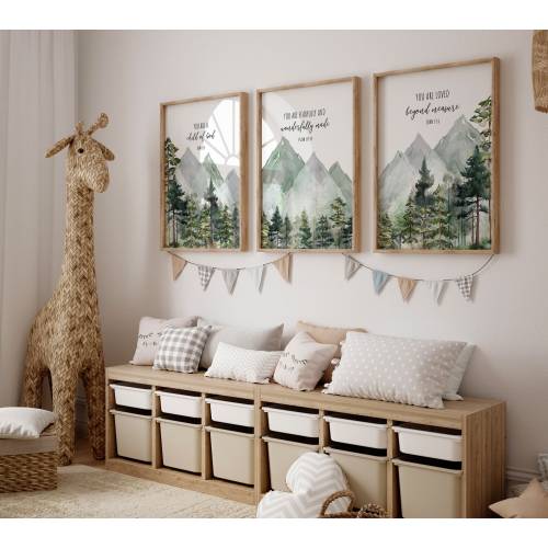 Mountain Nursery Decor, Scripture Bible Verse Wall Art Woodland Forest Gender Neutral New Baby Gift Set of (3) UNFRAMED Prints or Canvas