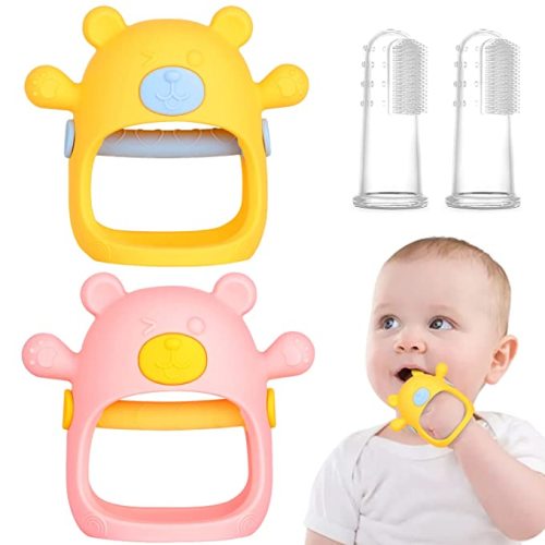 Fu Store Bear Anti-Dropping Silicone Baby Teething Toy Infants Baby Chew Toys for Sucking Needs, Hand Pacifier for Breast Feeding Babies for New Born (1 Yellow, 1 Pink & 2 Finger Toothbrushes)