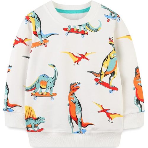 Bumeex Baby Toddler Boy's Cotton Crewneck Long Sleeve Sweatshirt 1-7T - 5-6 Years - White Dinosaur