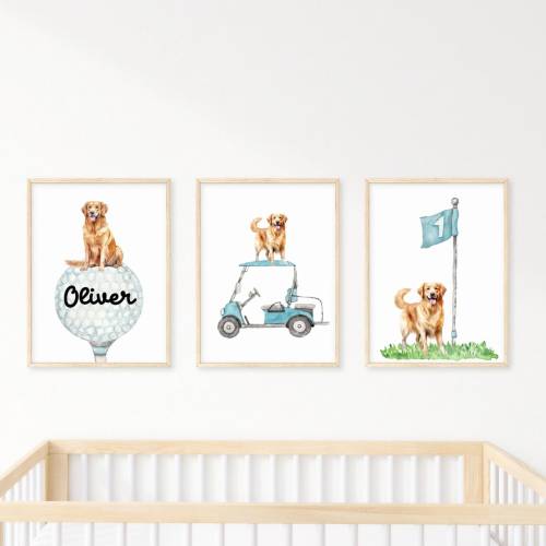 Personalized Golden Retriever Golf wall art set of 3 prints, Custom Golf Golden Retriever wall art set, Golf Nursery Wall Art, Baby Gift