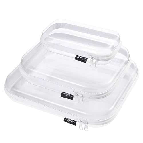 YQBRAO Hard Sided Clear Zipper Case for Storage- Professional-Grade Plastic Clear Zipper Pencil Case,Toy Storage Bins, Toiletry Pouch, Travel Organizer, Cosmetic Bag（White,3 Pack, LMS）