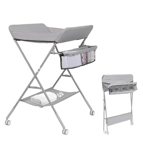 Portable Diaper Changing Table with Wheels for Baby, Mobile Folding Changing Station with 5-Level Adjustable Height and Large Storage Rack & Shelf