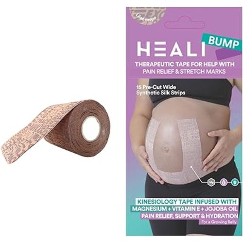 Heali Bump Kinesiology Tape, 15 Pre-Cut Wide Strips, Synthetic Silk, Pregnancy Tape Belly, Magnesium, Vitamin E, Jojoba Oil, Pain Relief, Support, Reduce Appearance of Stretch Marks, Pack of 1