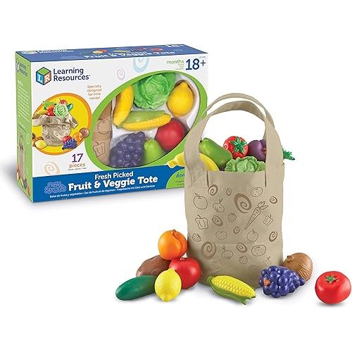 Learning Resources Fresh Picked Fruit And Veggie Tote, 17 Piece, Age 18 months+, Multicolor,8 L x 9 W in