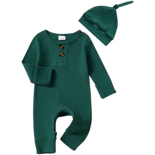 Infant Boys Girls Clothes Set Newborn Baby Romper Hat Ribbed Knit Long Sleeve Button Solid Bodysuit Jumpsuit
