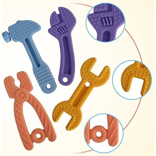 Fu Store 4 Pack Soft Silicone Teething Toys for 0-12Months 6-24 Months Toddlers Infant Hammer Tools Shape Baby Teethers Relief Soothe Babies Gums Set