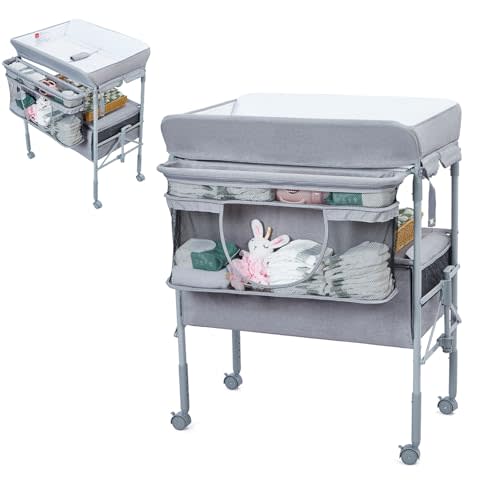 Babevy Portable Baby Changing Table with 2 Drawers, Foldable Changing Table with Waterproof Diaper Topper, Height Adjustable Diaper Changing Station for Infant and Newborn, Grey