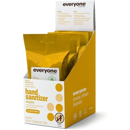 Everyone Hand Sanitizer Wipes, 15 Wipes (Pack of 6), Coconut and Lemon, Plant Derived Alcohol with Pure Essential Oils