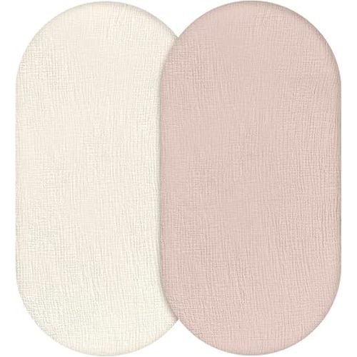 Muslin Bassinet Fitted Sheets, 2 Pack for Baby Boy and Girl, Soft Breathable Stretchy Baby Pad/Mattress Sheet Set, Universal Fit for Hourglass Oval and Rectangle Bassinet Mattress (Gentle Colors)