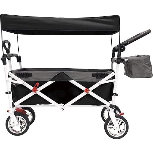 Creative Outdoor Push Pull Folding Wagon for Cargo | Beach Park Garden Sports & Camping | Black with Canopy