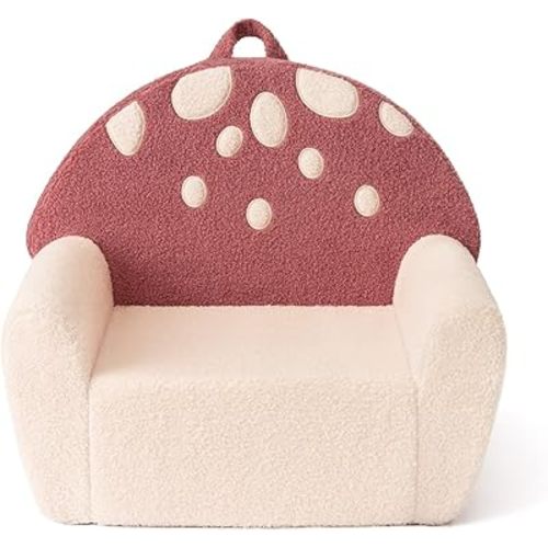 Blissful Diary Toddler Chair Comfy, Foam Kids Chair with Soft Teddy Plush, Toddler Reading Armchair with Cute Mushroom Designs- Rusty Red
