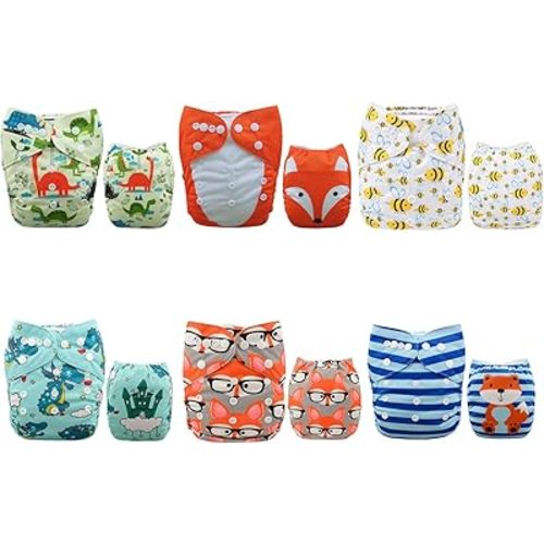 ALVABABY 6 Pack Cloth Diaper with 12 Inserts One Size Adjustable Washable Reusable Diaper Cover for Baby Girls and Boys