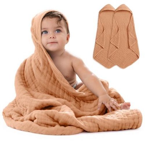 Baby Hooded Muslin Cotton Towel For Kids By Comfy Cubs, Sand, 1 Pack