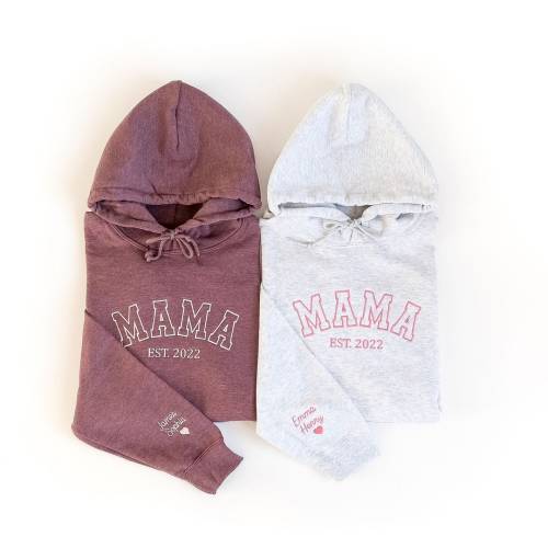 Custom Embroidered Mama Hoodie, Personalized Mama Hoodie with Names on Sleeve, Gift For New Mom, Mama Est Year Shirt, Gift for Women.
