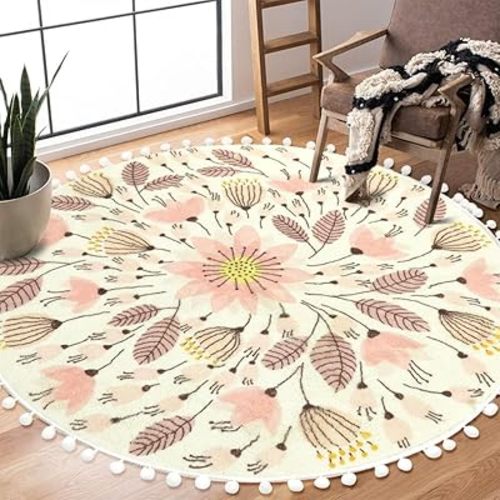 Uphome Round Rugs for Bedroom 4' Circle Cute Area Rug with Pom Poms Fringe Floral Plant Washable Throw Rugs Non-Slip Soft Floor Mats for Entryway Laundry Living Room Kids Room Nursery, Pink