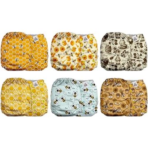 Mama Koala 2.0 Cloth Diapers for Babies with Suede Cloth Lining, 6 Pack with 6 Bamboo Cloth Diaper Inserts - Reusable and Washable Pocket Diapers (Busy Bees)
