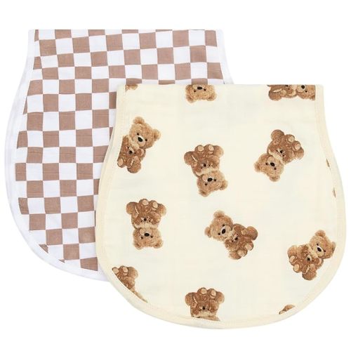 LifeTree Muslin Baby Burp Cloths - 2 Pack 70% Viscose from Bamboo and 30% Cotton Large 22'' by 10'' Absorbent Milk Spit Up Rags - Burping Cloths for Newborn, Girls Boys, Bear and Checkered