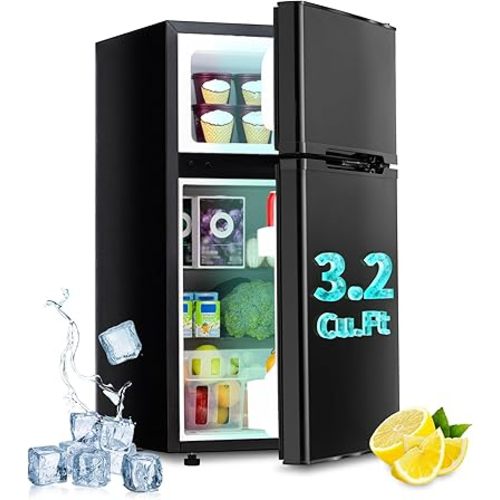 3.2 Cu.Ft Mini Fridge with Freezer, Double Doors Mini Fridge, Dorm Fridge with 3 Level Thermostat & Adjustable Shelves, Energy Saving, Low Noise, Mini Refrigerator for Bedroom, Office, Dorm, Black