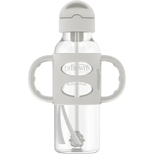Dr. Brown's Milestones Narrow Sippy Straw Bottle, Spill-Proof with 100% Silicone Handles and Weighted Straw, 8 oz/250 mL, Gray, 6m+