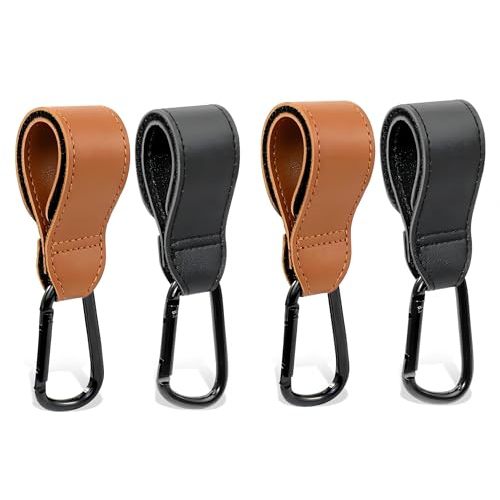 Noneea 4PCS Stroller Hook Accessories, Multipurpose Stroller Bag Hooks, Leather Stroller Clips for Diaper Bags Pet Carts Grocery Shopping Bags(black and brown)