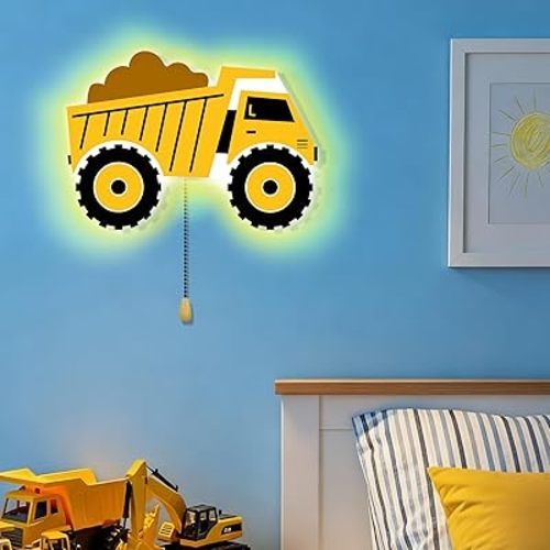 Construction Themed Night Light Wall Lamp Sleeping Nursery Lighting Cute Floating Battery Operated Hanging Lamp for Baby Boys Girls Bedroom Room Nursery Wall Decorations