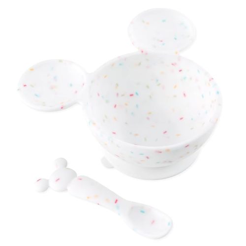Bumkins Disney Mickey Mouse Bowl, Silicone First Feeding Set with Suction, Includes Spoon, Training Essentials for Baby-Led Weaning, Toddler Self-Feeding, Babies Eating at 4 Mos Up, Vanilla