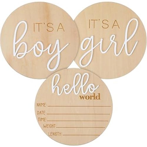 3pcs Wooden Newborn Announcement Sign, Its a Boy Its a Girl Hello World Boho Gender Reveal 5.9in Birth Welcome Birth Name Plaques for Hospital Nursery Baby Shower He She Photography Prop