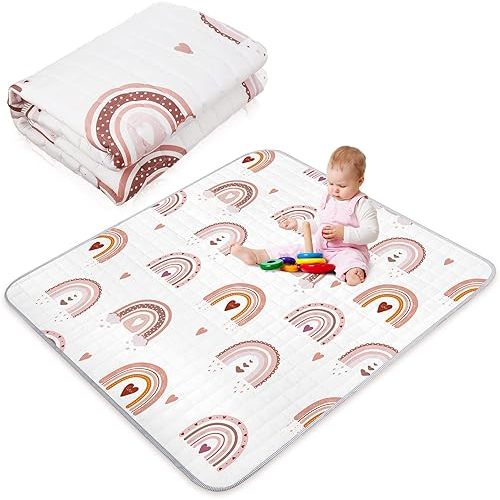 Boho Rainbow Portable Baby Play Mat, 43 x 43 Inch Washable Foldable Crawling Mat, Non Slip Playmat for Babies, Kids Play Mats Pad for Floor Playpen Toddler Infants Tummy Time Activity