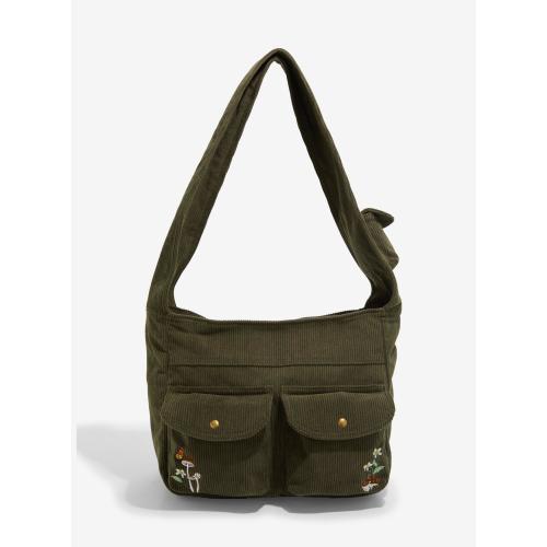 Forest Creatures & Mushrooms Green Corduroy Shoulder Bag