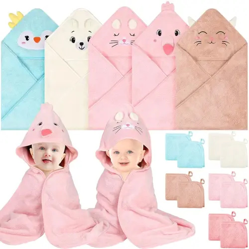 15 Pack Hooded Baby Towels, 5 Packs Soft Baby Bath Towels with Hood for Babies, 10 Packs Baby Washcloths for Newborns, Toddlers, and Kids- Absorbent, Baby Stuff Shower as Best Gifts for Boys and Girls