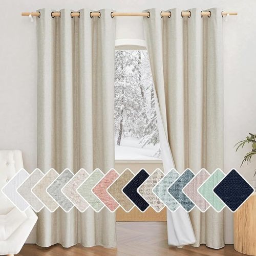 NICETOWN Natural 100% Blackout Linen Curtains 84 inch Long Burg for Living Room, 2 Panels, 52" Wide, Farmhouse Thick Completely Blackout Window Treatment Thermal Insulated Warm Drapes for Winter