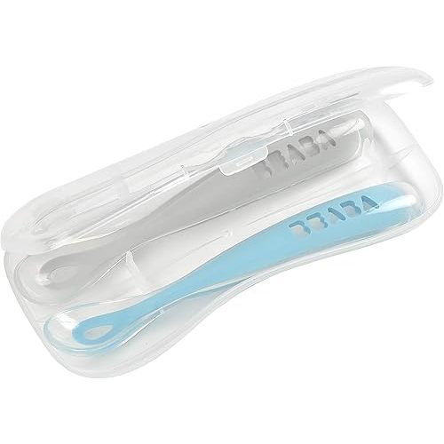 BEABA Baby's First Stage Baby Feeding Spoon Set with Travel Case, The Original Soft Tip Silicone Baby Spoons for Babies, Travel Set, Gum Friendly BPA Lead Phthalate and Plastic Free, Rain + Cloud